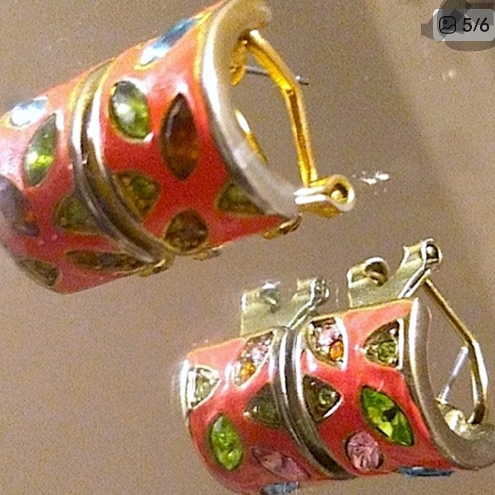 Colorful Gemstones Hoop Earrings Vintage 70s Enemal Sparkly 1 Inch See Pics - Picture 5 of 5